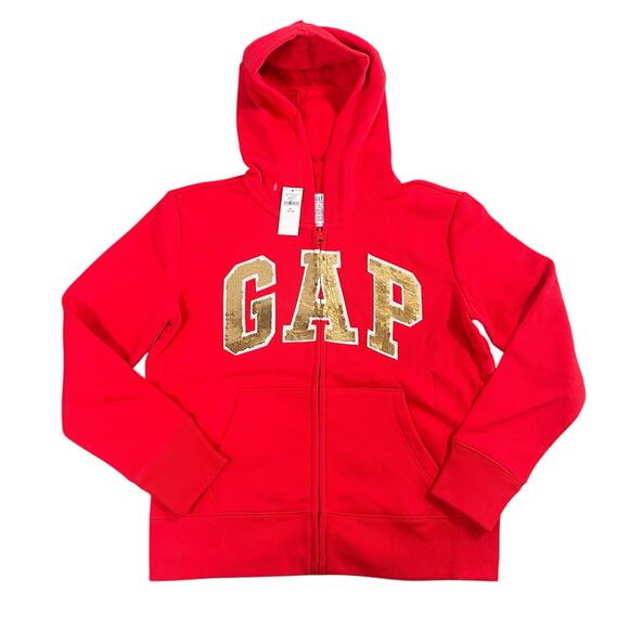 Gap Kids Sequins Logo Full Zip Hoodie Sweater Red Size XL 12 - Picture 2 of 6